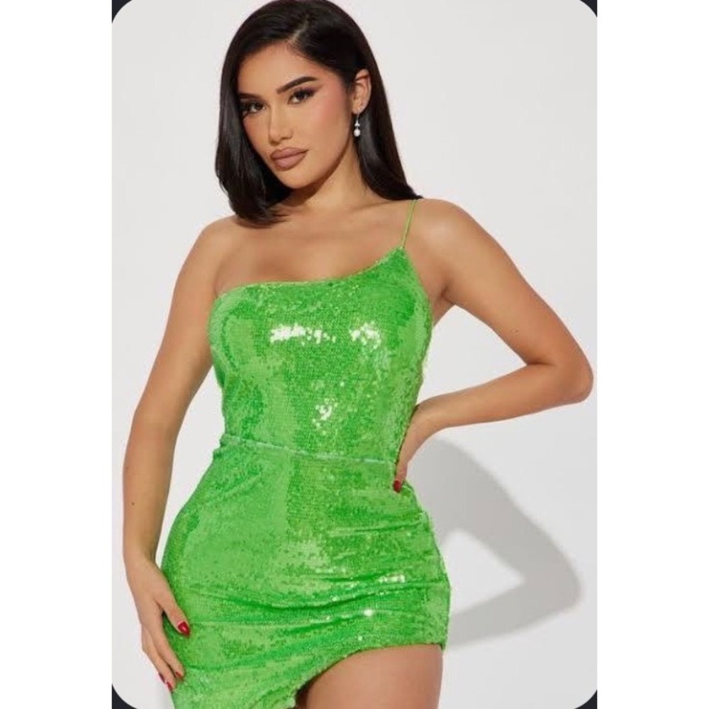 Fashion Nova Green Sequin One Shoulder Mini Dress Womens Medium NWT